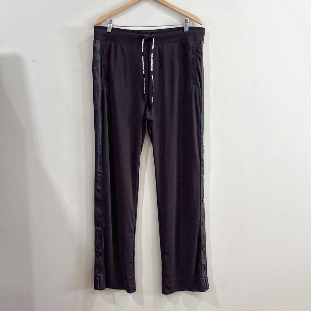 Karl Lagerfeld Paris Women Jogger Pants L Black Faux Leather Trim Chic Athleisur